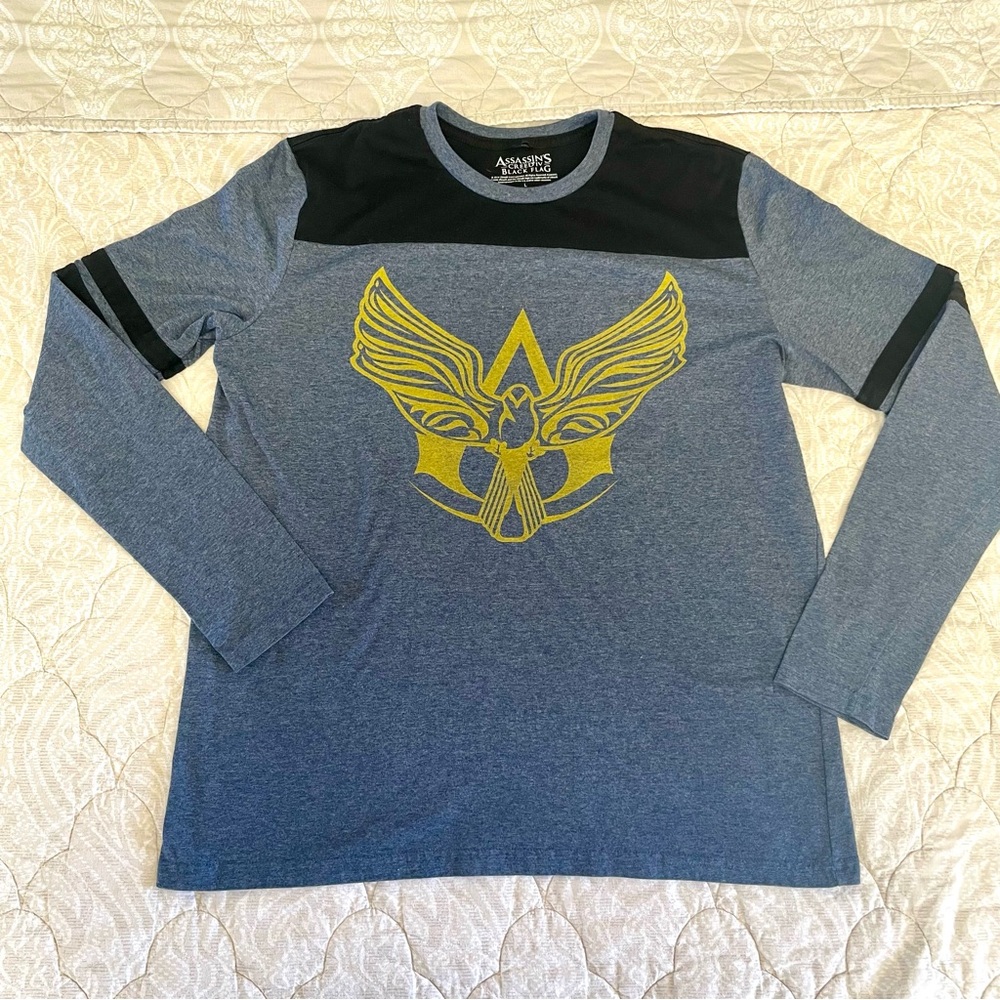 Assassins Creed IV Shirt Mens Blue Black Flag Long Sleeve Graphic Tee Size L